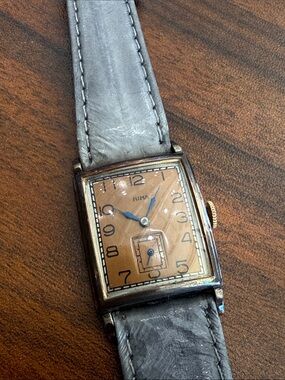 Men's Rectangular Vintage Watch in Champagne Dial and Gray Strap rima watch